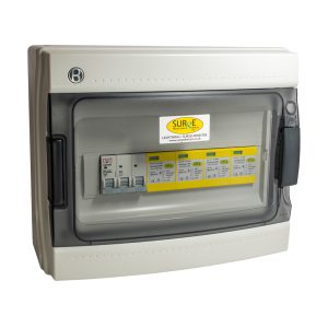 800914ENCM - Type 1+2+3, 100ka (level 1), 3 phase device, with window indication and pluggable modules, complete in IP65 polycarbonate enclosure, including a 3 pole 63A MCB